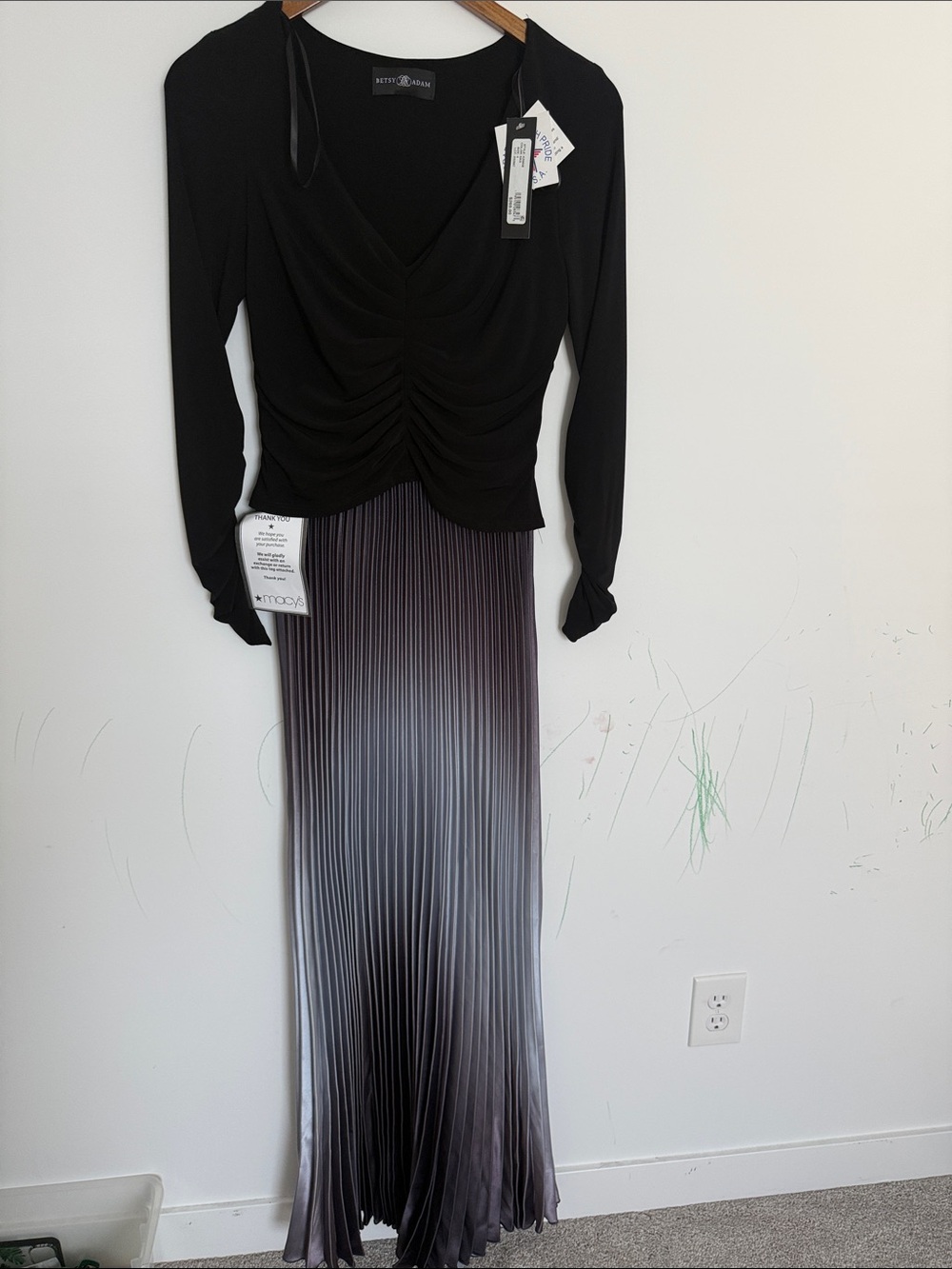 Betsy & Adam Black Top with Gray Ombré Pleated Maxi Skirt